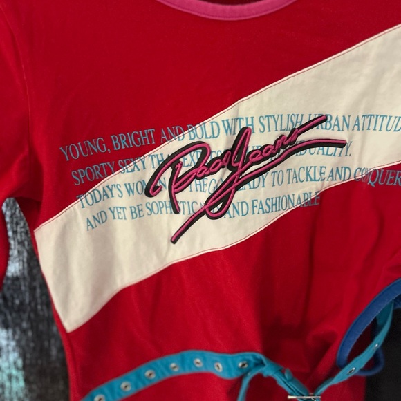 Vintage paco jeans Red and Blue Long Sleeve Top with belt and cutout detail - Picture 3 of 6